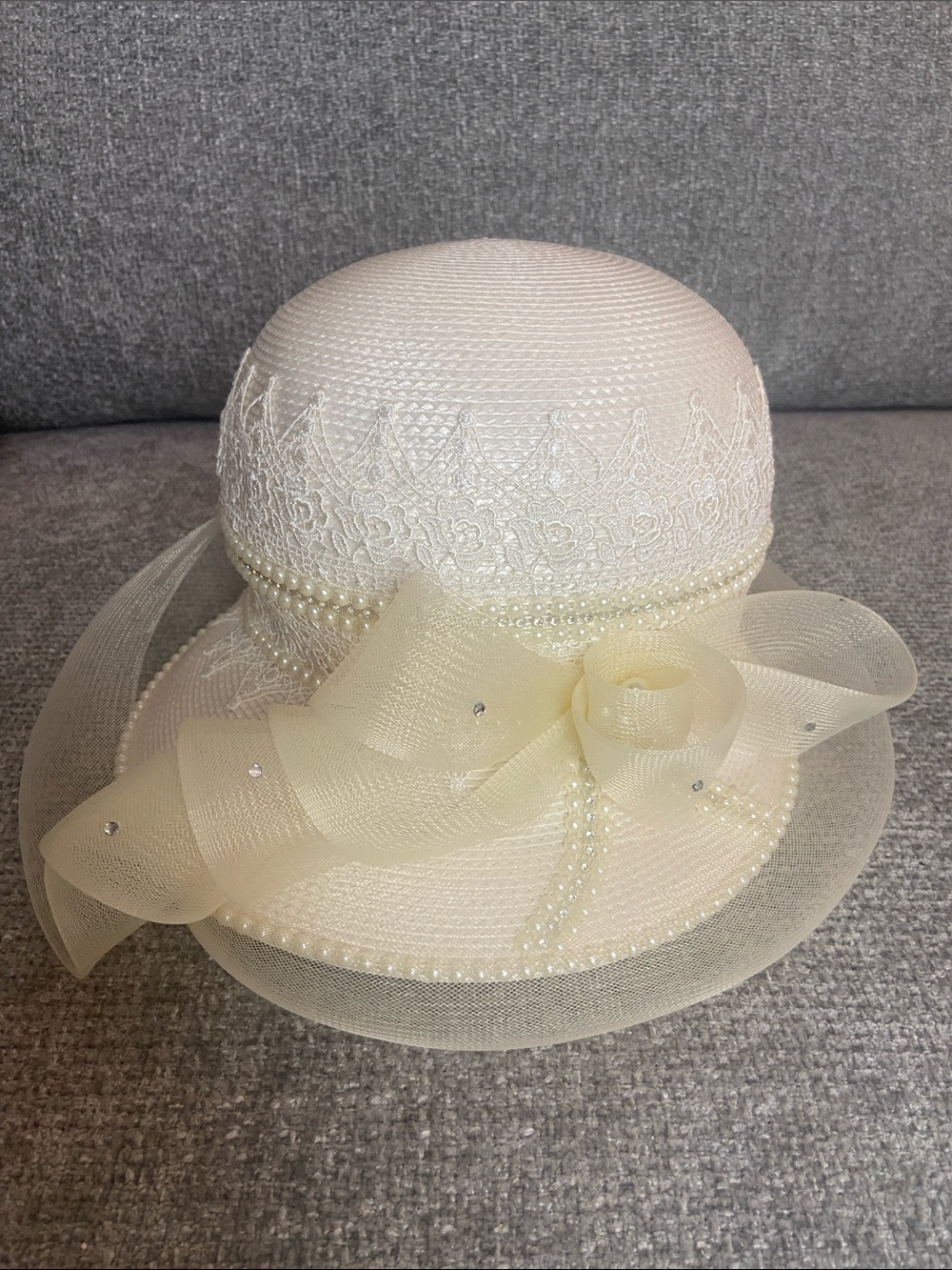 Ivory Women's Dress Hat with Pearl & Organza Bow